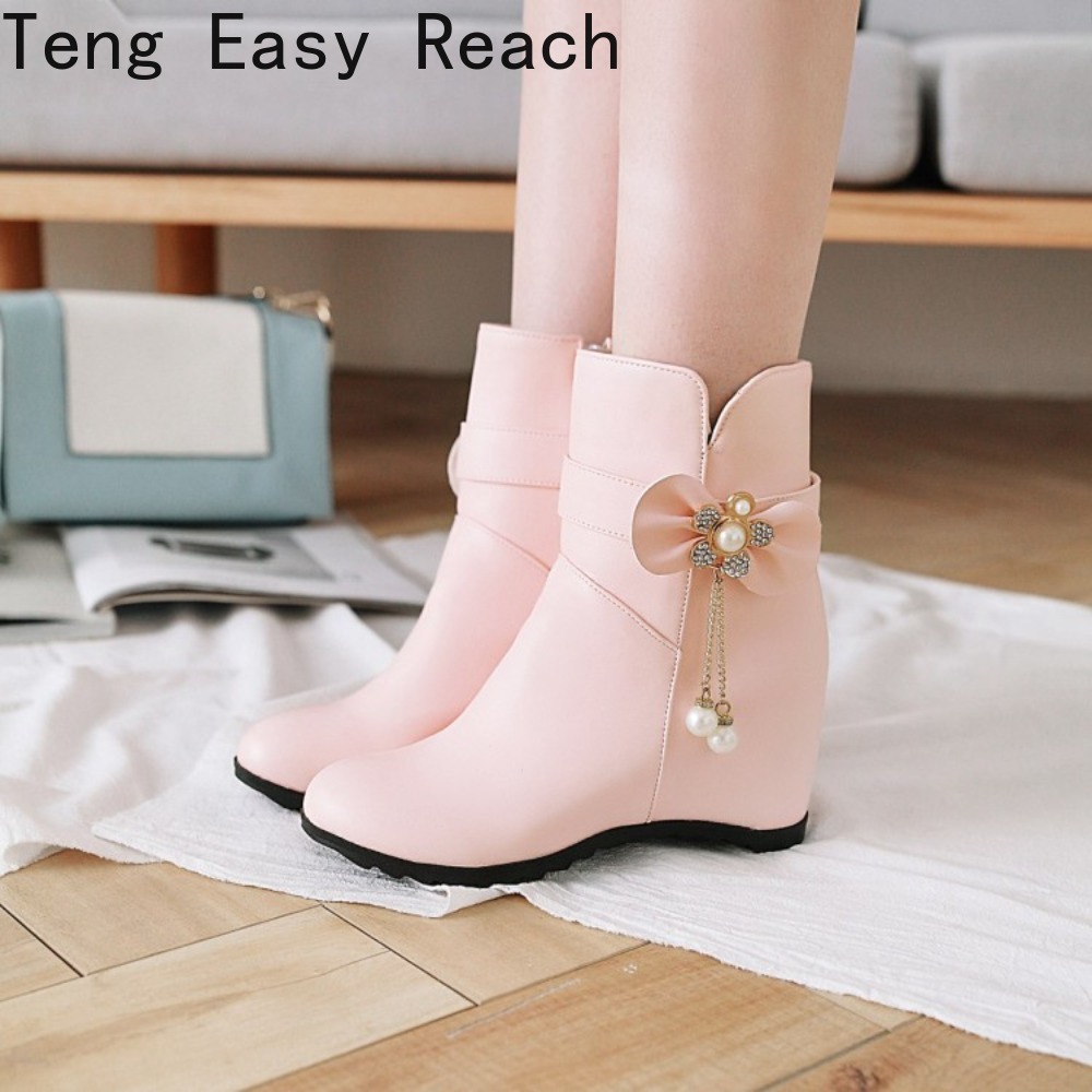 Ethnic Fashion Brands - ファッションウェッジブランド女性のパーティーシューズホワイトミッドカーフブーツ冬のブーツ-女性ラウンドトゥレディース秋2026冬のブーツ