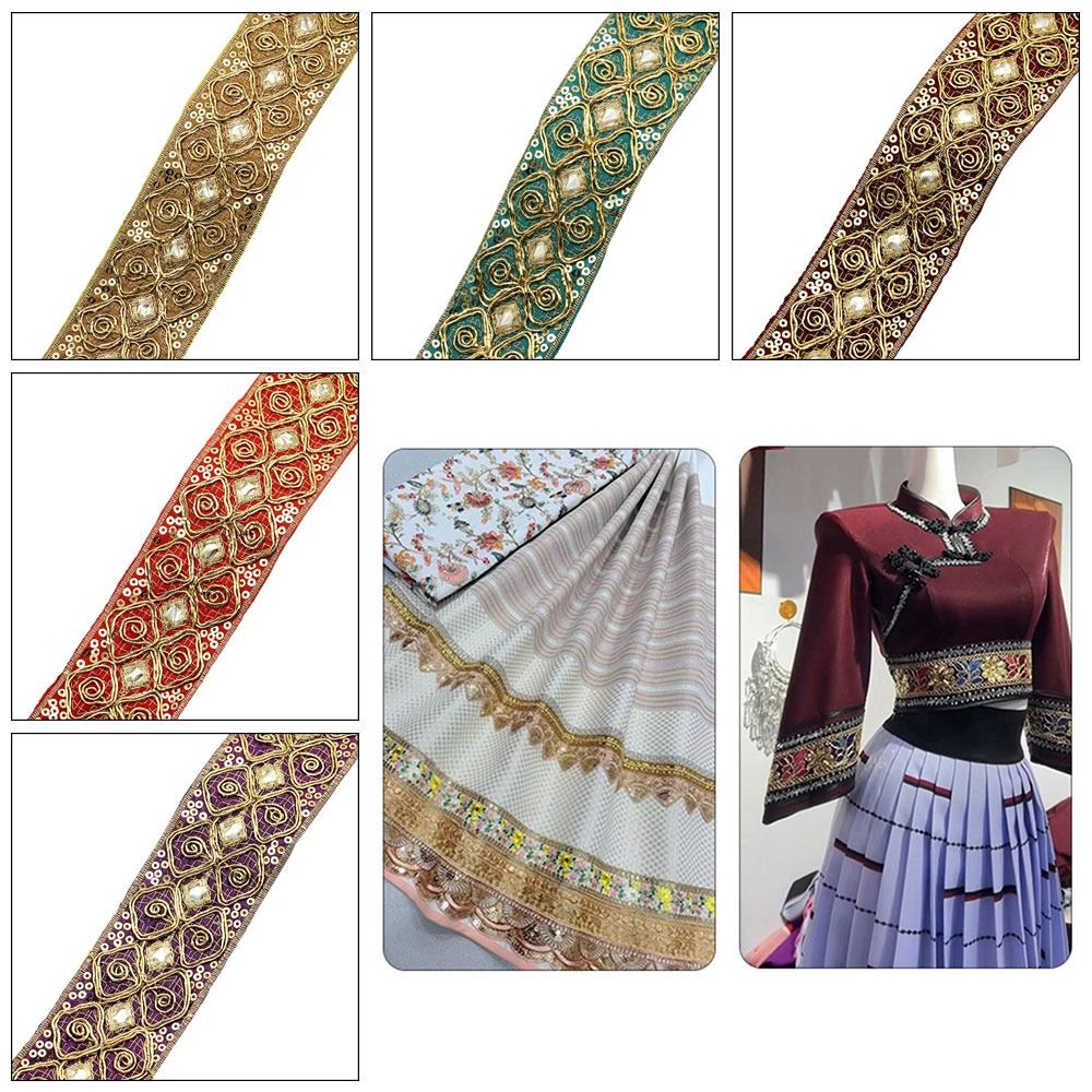 Ethnic Clothing & Online Fashion Store Khaadi Pk - 幅4.5cmの刺繍入りレースウェビング、10ヤード、手作りエスニックレースリボン、スパンコール刺繍、金糸、DIY衣料品アクセサリー