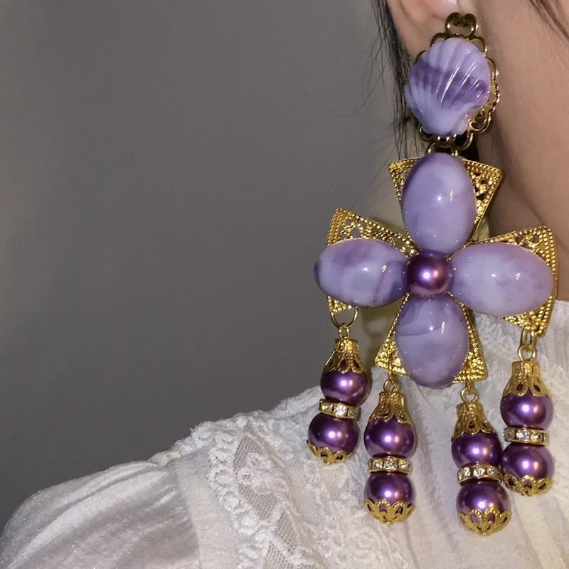 Ethnic Fashion Brands - ビッグブランドの誇張された気質、高級感、壮大な紫の花のクロス、超大型のキャットウォークイヤリング