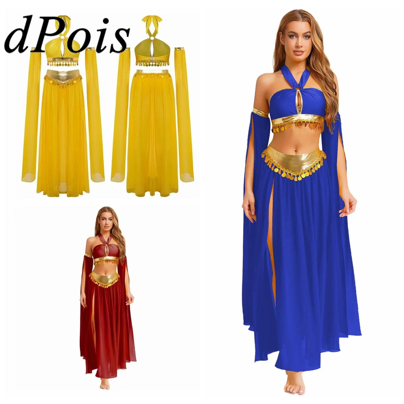 Ethnic Wear - 女性エスニックベリーダンスパフォーマンス衣装ホルタースパンコールクロップトップサイドスリットシフォンスカートアラビアオリエンタルダンスウェア