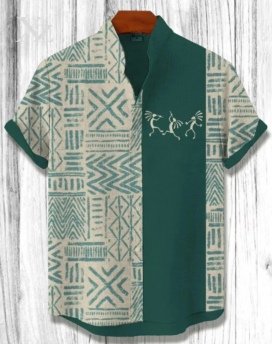 Men'S Ethnic Fashion Trends - レトロなアフリカ風、メンズ、ヴィンテージ、エスニック、部族柄、半袖シャツ、カジュアル、バケーション、ストリートファッション、トレンド、メンズシャツ。